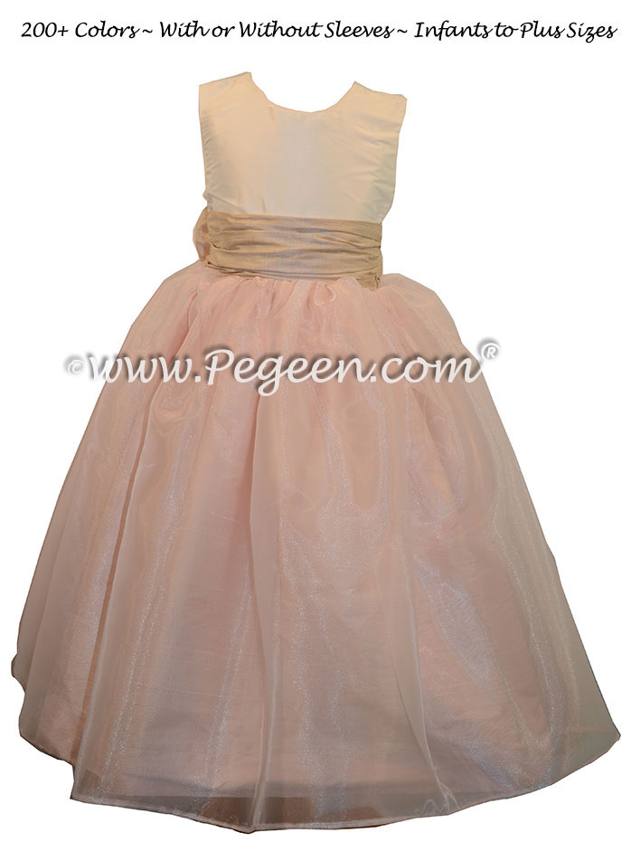 Custom Toffee and Baby Pink silk Organza Flower Girl Dresses by Pegeen