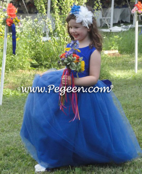 Malibu blue flower girl dresses in silk and tulle