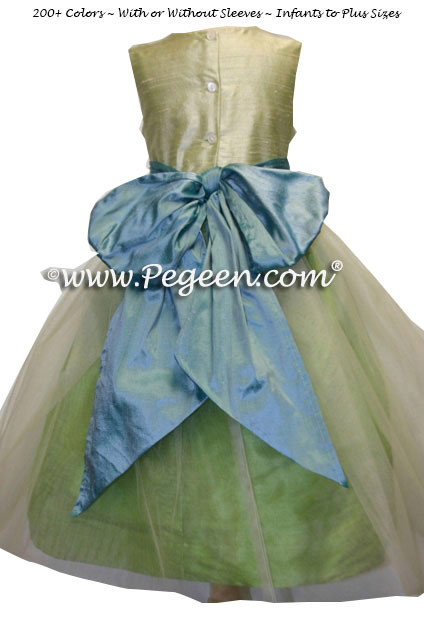Summer green, blue and apple tulle flower girl dress
