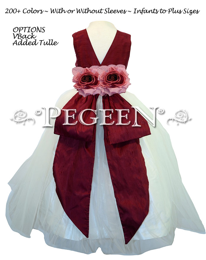 Antique White and Cranberry with Back Flowers -  Flower Girl Dress Style 313