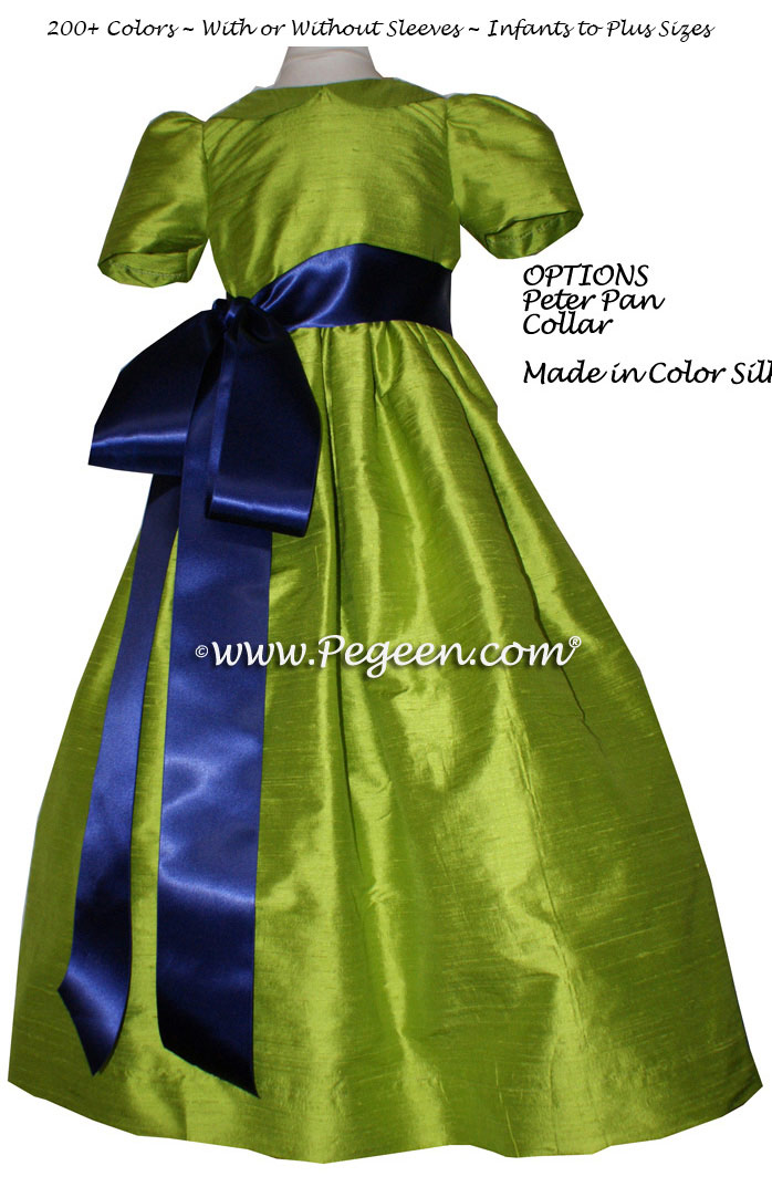 APPLE GREEN AND NAVY silk flower girl dresses