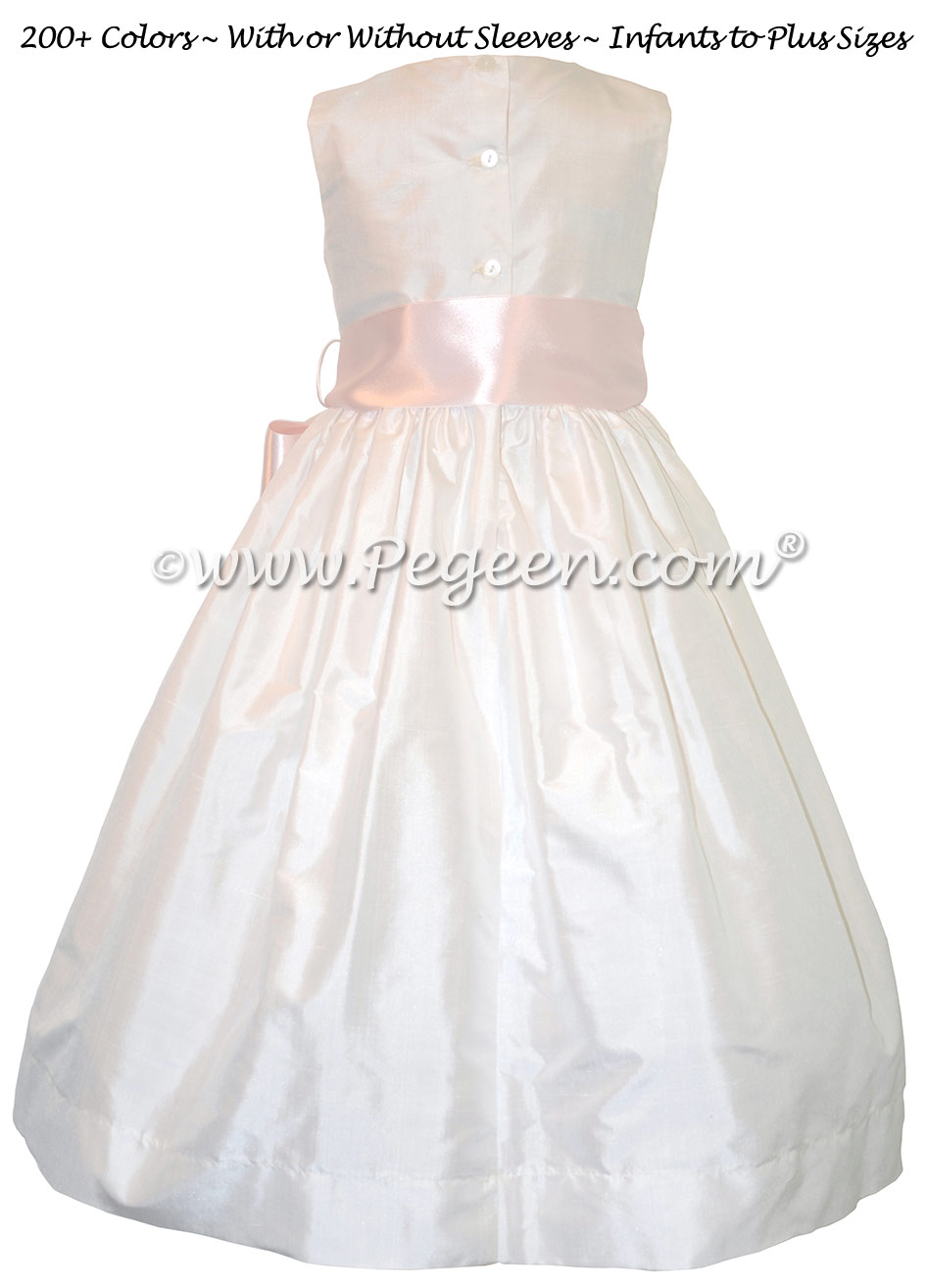 Style 300 Flower Girl Dress in New Ivory and Pink Ribbon Silk Sash
