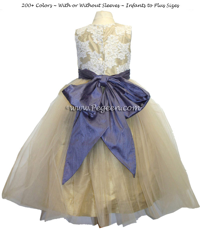 Tulle flower girl dress in gold with Aloncon lace and Iris Purple Sash