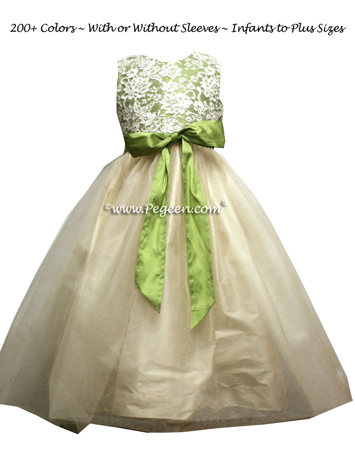 Vine Green and ivory lace custom silk Flower Girl Dress Style 413