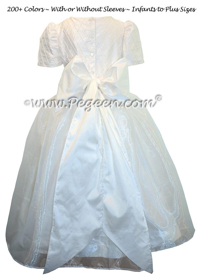 First Communion Dresses in Antique White With Silk Pintuck Trellis