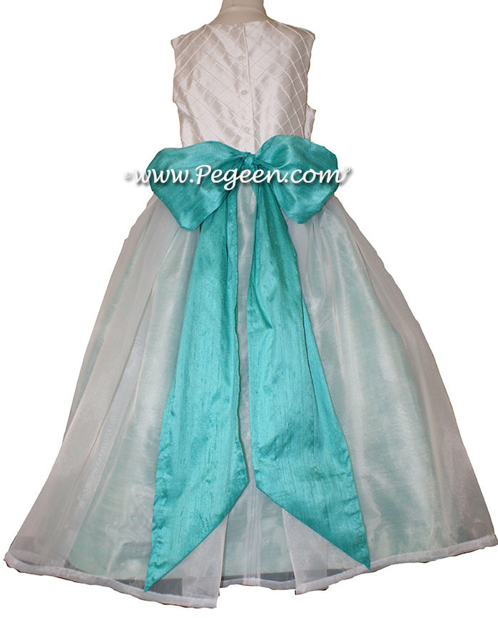 Flower Girl Dresses in Shades of Aqua, White With Silk Pintuck Trellis | Pegeen