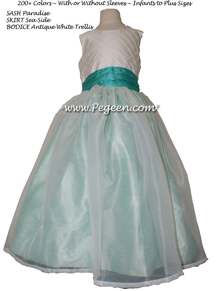 Flower Girl Dresses in Shades of Aqua, White With Silk Pintuck Trellis | Pegeen