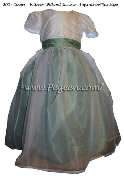 Celedon Green and Antique White Flower Girl Dresses With Silk Pintuck Trellis Style 307