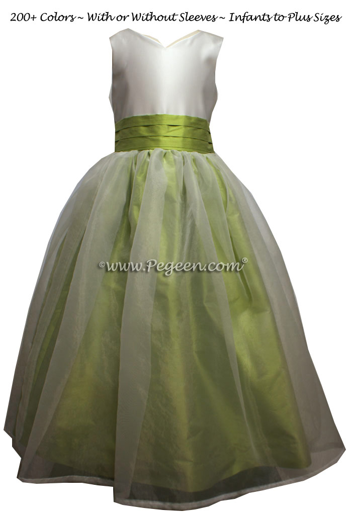 Citrus Green and New Ivory custom silk Flower Girl Dress Style 309