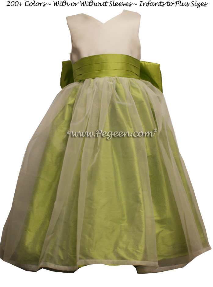 Citrus Green and Ivory Satin custom silk Flower Girl Dress Style 309
