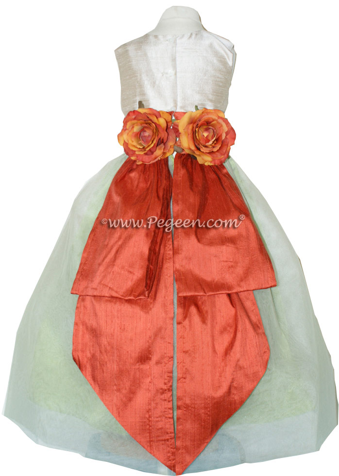 Toffee, vine green and autumn orange Silk Flower Girl Dresses Style 313