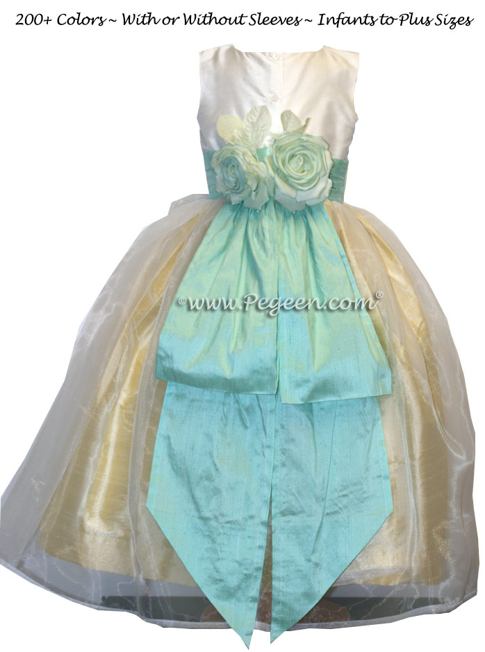 Yellow, Tiffany Aqua and White Silk Custom Flower Girl Dresses Style 313