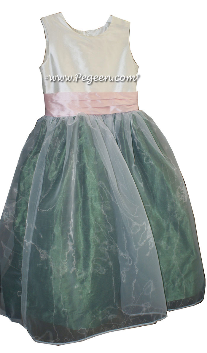 Antique White Basil Green and Blush Pink Silk Flower Girl Dresses Style 313