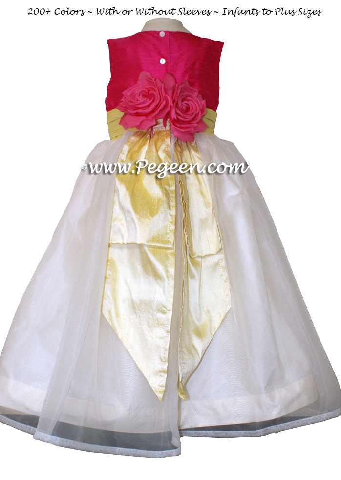 Custom Silk Ivory, Cerise (hot pink) and Lemonade (yellow) Flower Girl Dress Style 313