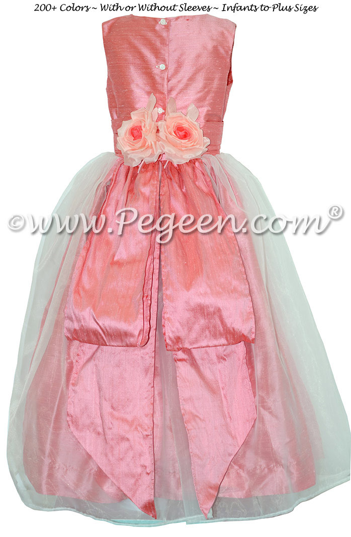 Gumdrop Pink Silk and Organza Flower Girl Dresses With Back Flowers Style 313