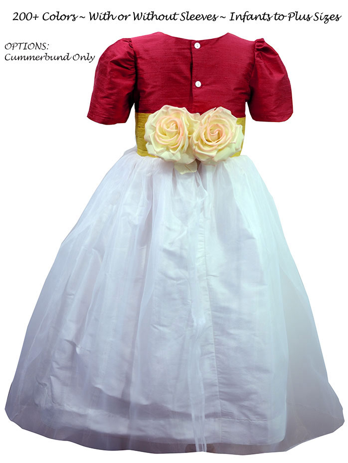 Flower Girl Dress With Back Flowers  White, Rouge and Saffron Silk Custom  | Pegeen