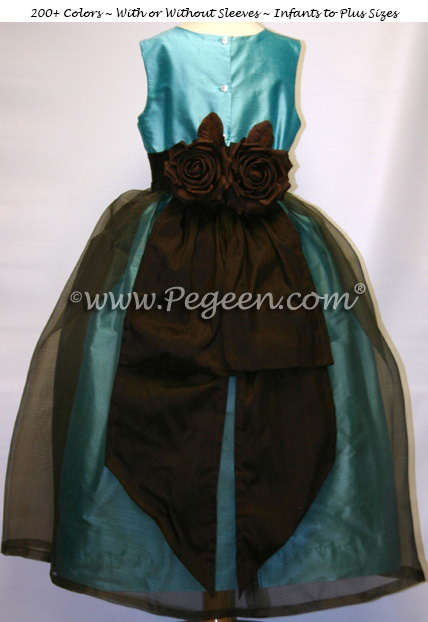 Tiffany Blue and Chocolate Brown Organza and Silk Junior Bridesmaids Dress Style 313