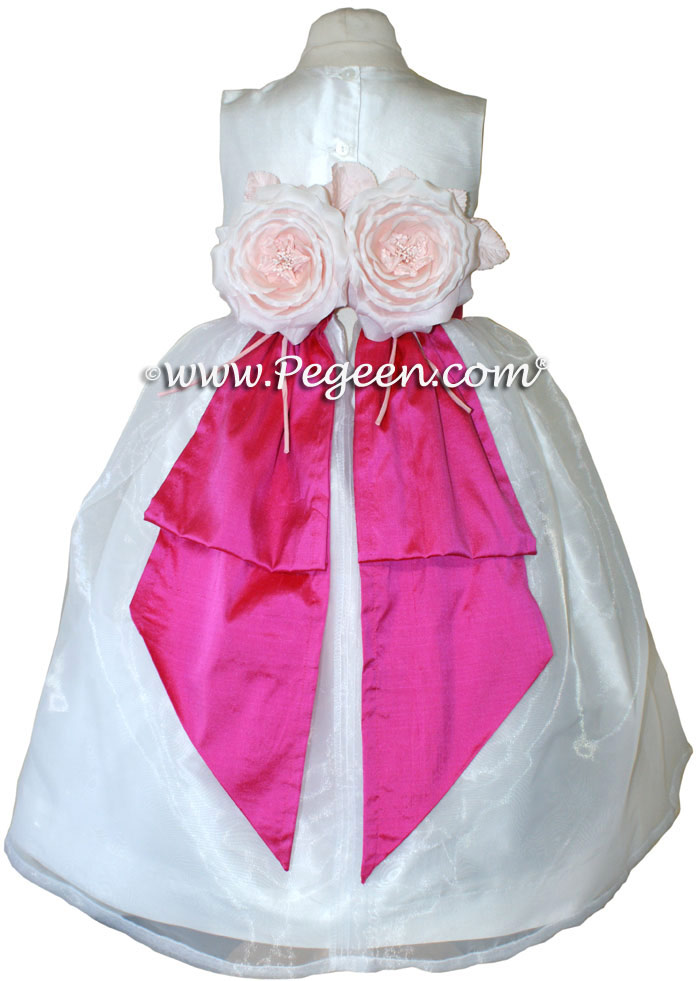Antique White and Shock Pink Flower Girl Dresses with Special Back Flowers
