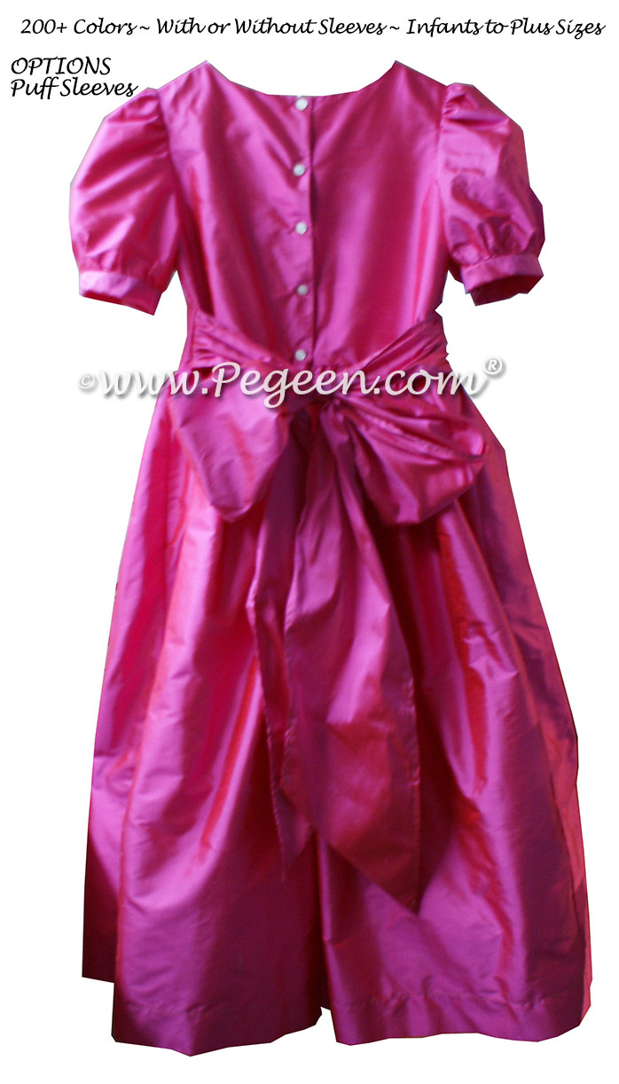 Shock pink silk flower girl dresses with puff sleeves
