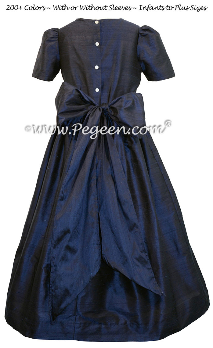 Custom Navy Blue flower girl dress in silk Classic Style 318