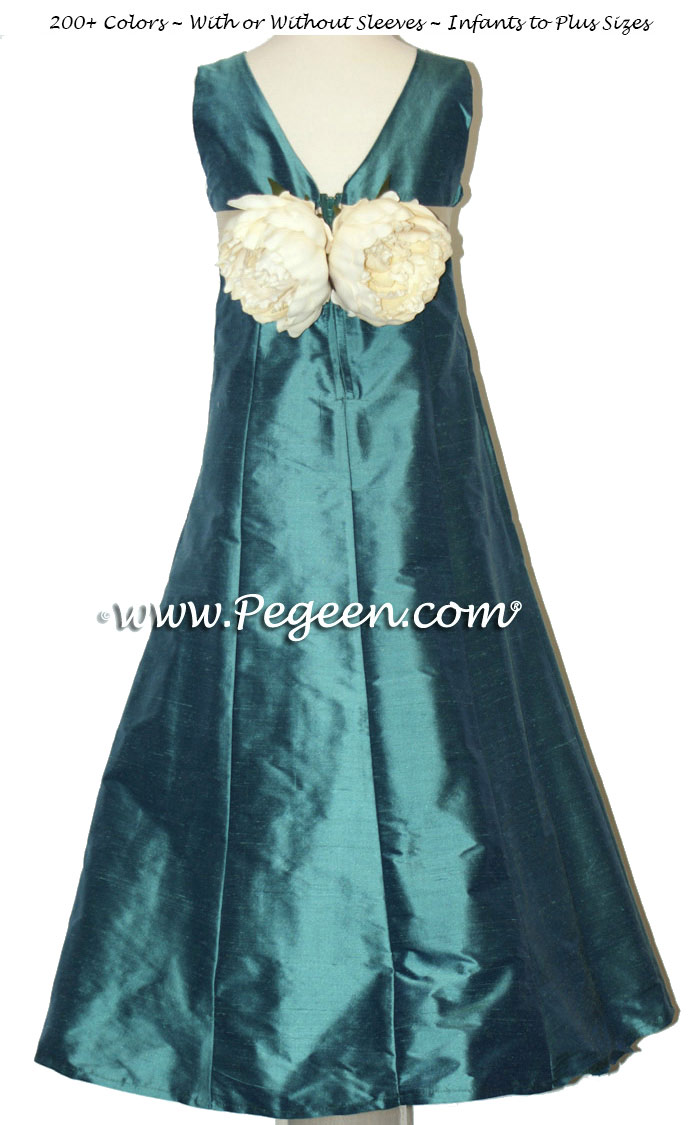 Jr bridesmaids dresses in teal and ivory bisque silk - Style 320 | Pegeen