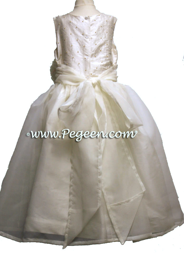 Sequin silk and Ivory flower girl dresses and gold pearls