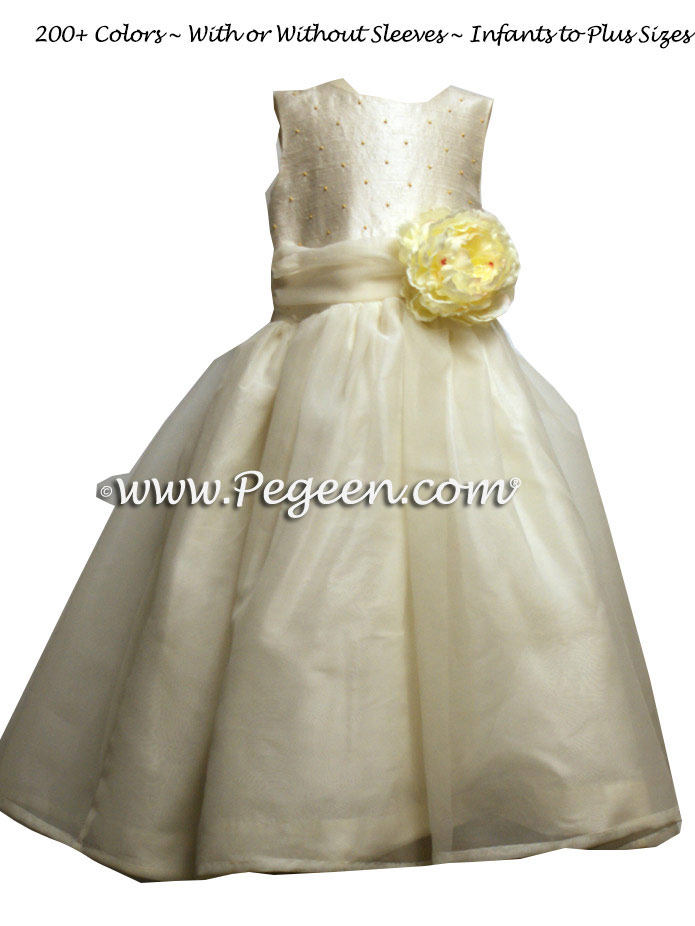 Sequin silk and Ivory flower girl dresses and gold pearls