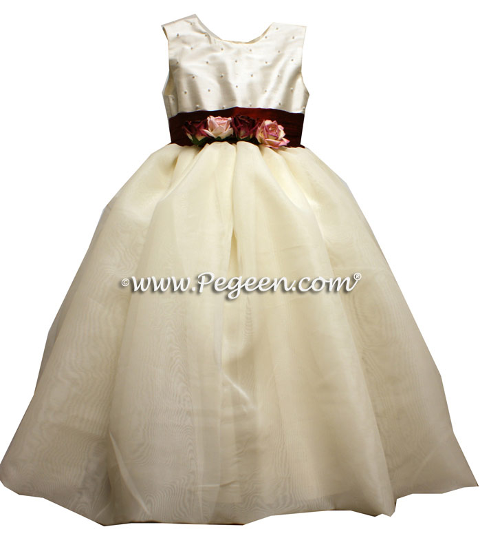 Burgundy and Ivory Pearled Flower Girl Dress Style 326 with Organza Skirt