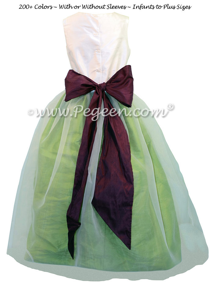 Apple Green and Eggplant custom flower girl dresses in silk and organza