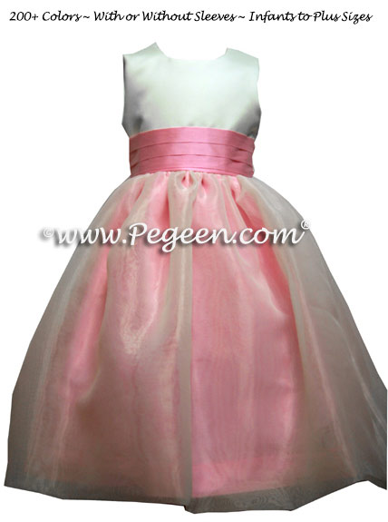 Bubblegum Pink and Antique White Flower Girl Dress Style 326 with Organza Skirt