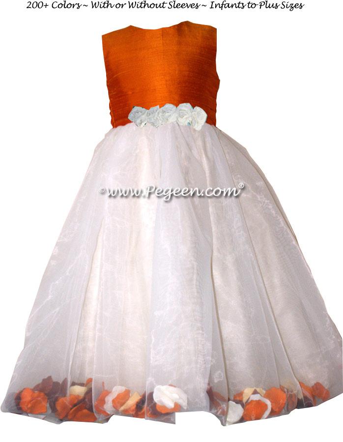 PUMPKIN ORANGE AND IVORY FLOWER GIRL DRESSES