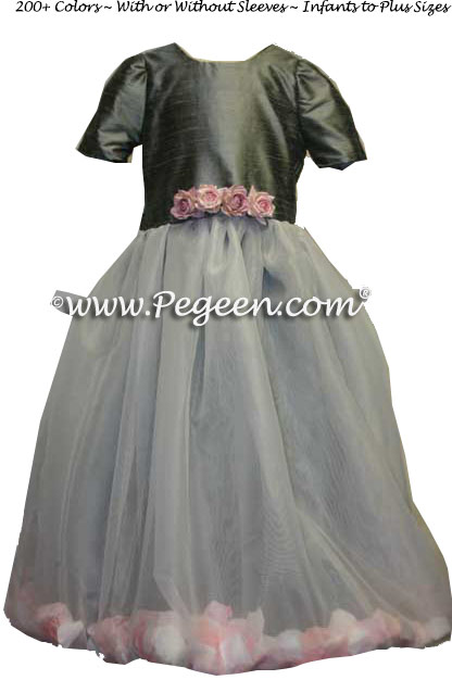 Medium Gray Silk and Organza Flower Girl Dresses with Petals in the Skirt