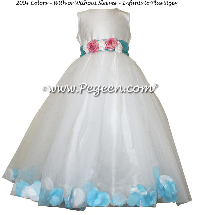 Flower Girl Dresses with Tulle, Aqua and Pink Petals  - Style 333 | Pegeen