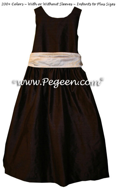 Semi-Sweet Chocolate with Gingham Sash Silk flower girl dresses for your wedding party