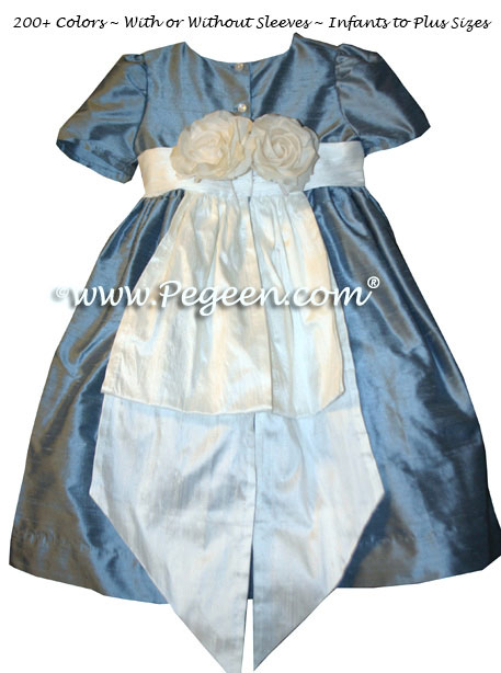 French Blue and Antique White Flower Girl Dresses and back flowers