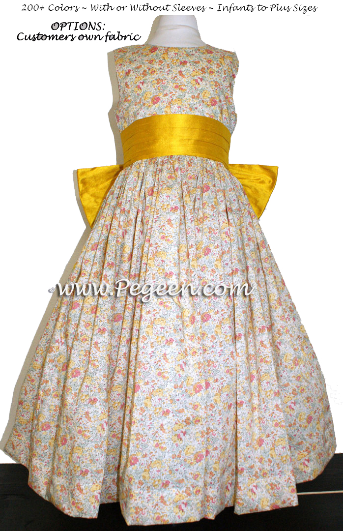 Goldenrod and Ivory Floral Cotton flower girl dresses with customers own fabric