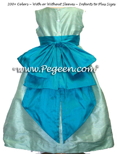 MEDIUM BLUE AND NAVY FLOWER GIRL DRESSES IN SILK WITH BACK BUSTLE