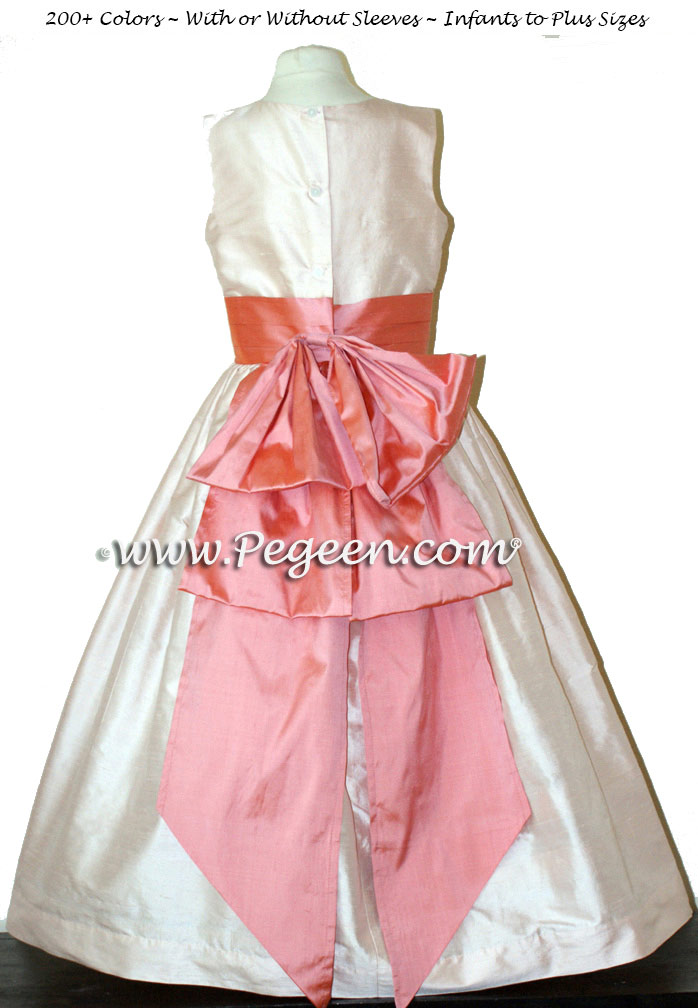 Peach and Coral Rose custom silk flower girl dresses