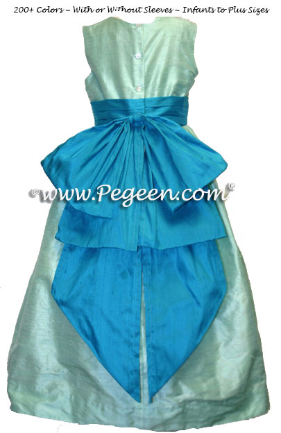 Teal shades in Tiffany and pool silk flower girl dress with Cinderella Bow
