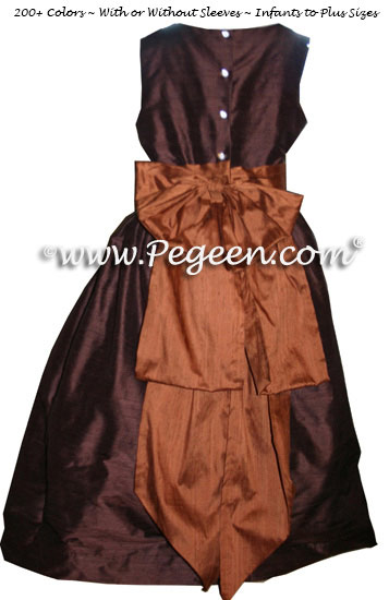 Ginger brown and chocolate silk flower girl dress with Cinderella Bow