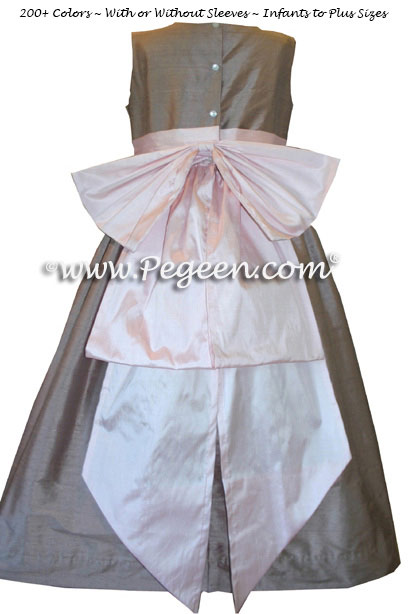 PINK AND TAUPE SILK FLOWER GIRL DRESSES  - Pegeen Style 345