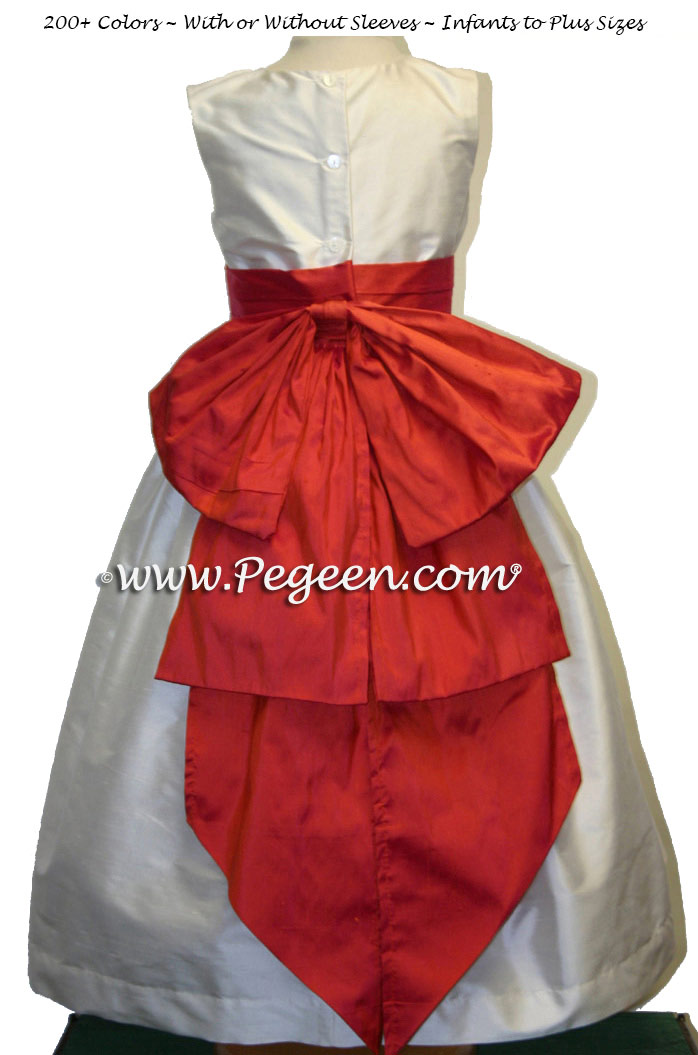 Orange Fire and Ivory Silk flower girl dress with Cinderella Bow