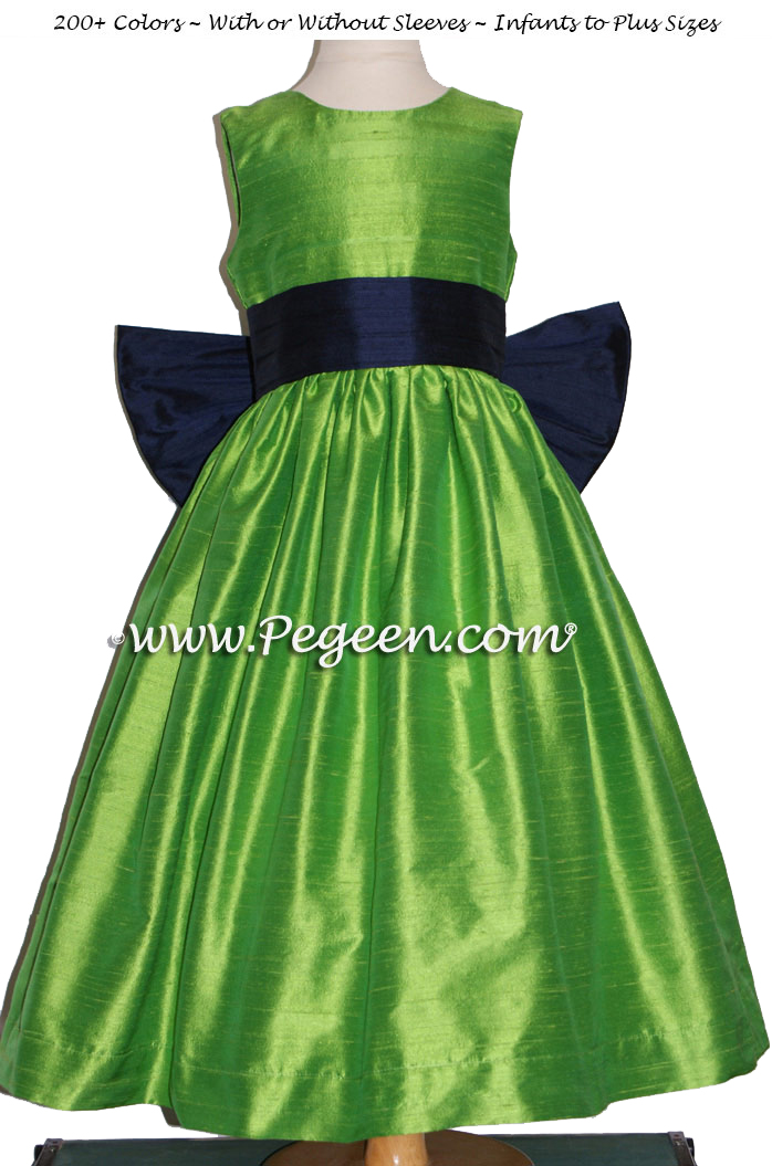 Flower girl dresses in key lime and navy silk - Style 345| Pegeen