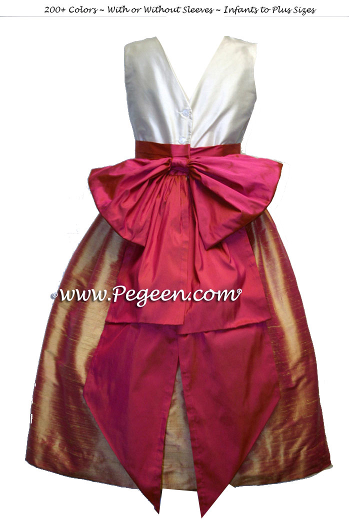Grapefruit gold and sorbet pink flower girl dresses with v-back
