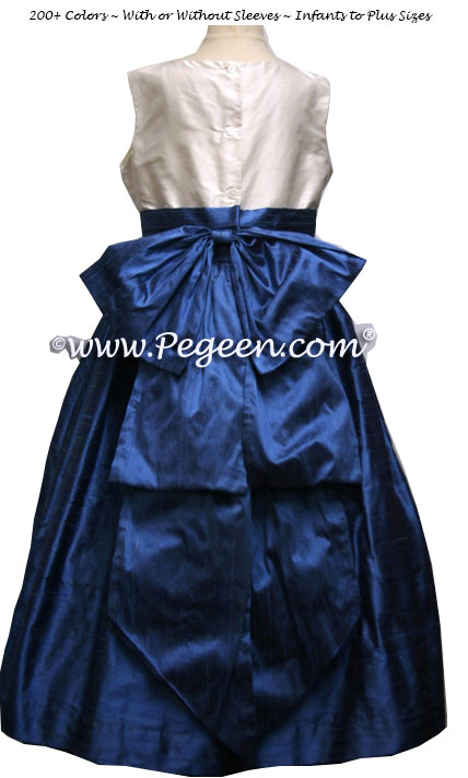Blue and white custom silk flower girl dress to match J Crew bridesmaids dresses