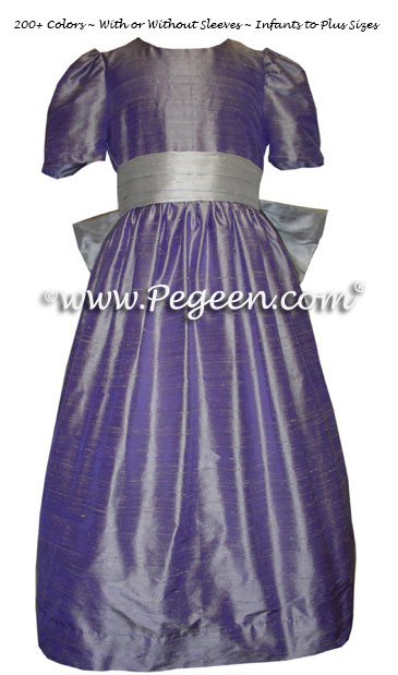 Custom flower girl dresses in Victorian purple and Platinum gray