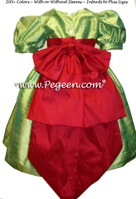 Lime green and Christmas red silk infant flower girl dresses