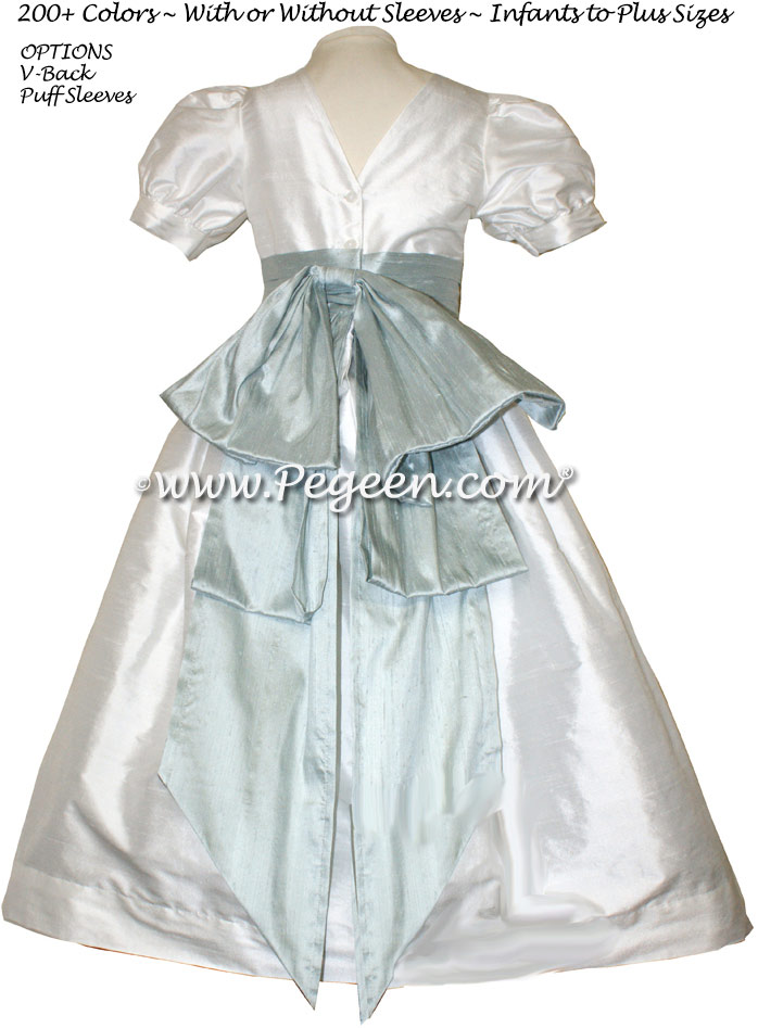 Platinum gray and new ivory silk flower girl dresses by PEGEEN