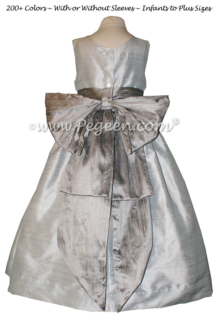Platinum gray and silver silk flower girl dresses by PEGEEN