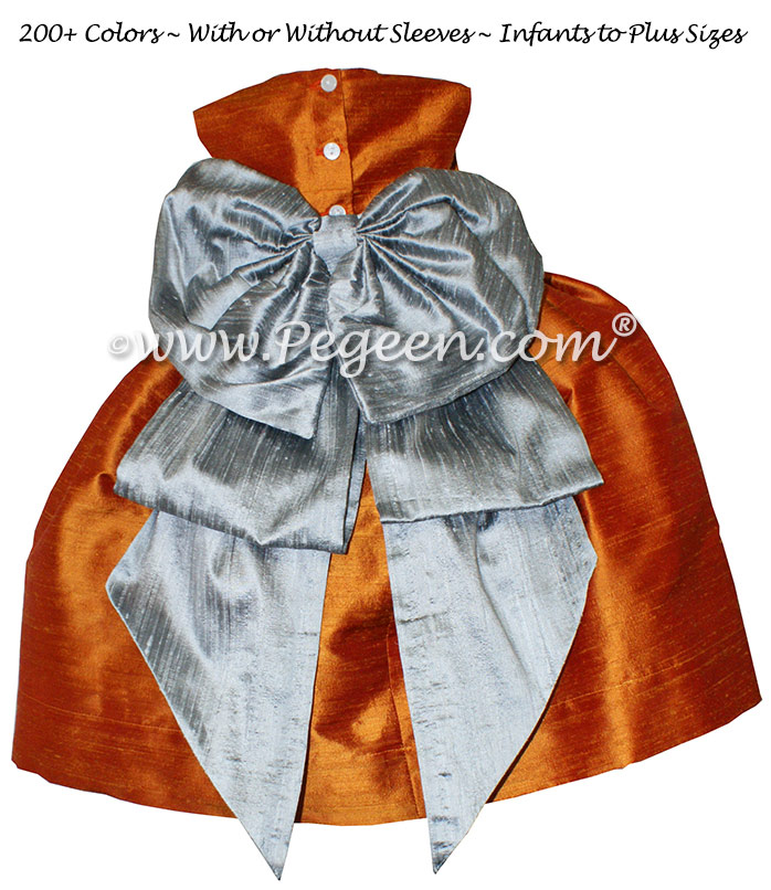 Custom flower girl dresses in Silver Grey Silk and Pumpkin orange base